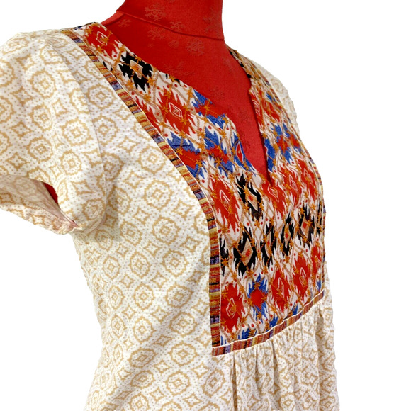Anthropologie Akemi + Kin Top M Short Sleeve Beige Orange Embroidered Boho Chic - Picture 8 of 11